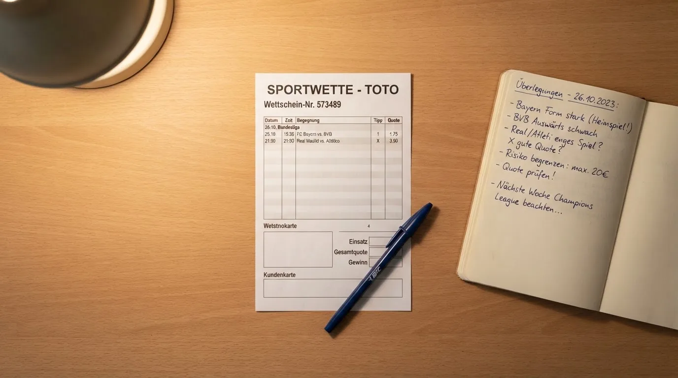Ein leerer Papierwettschein und ein Kugelschreiber auf einer glatten Schreibtischplatte, daneben ein aufgeschlagenes Notizbuch mit handschriftlichen Notizen.
