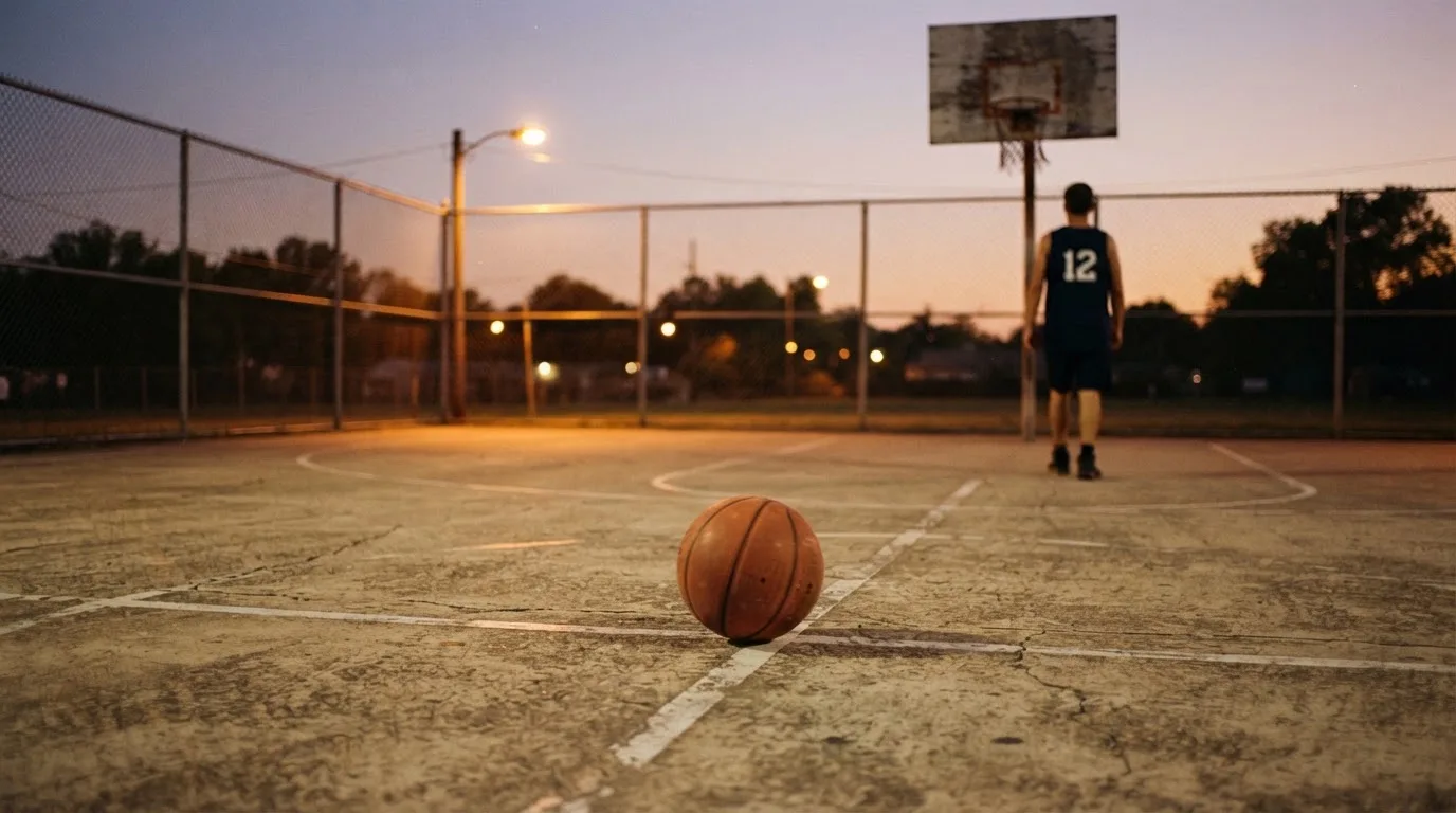 Ein Basketball rollt auf einem Freiluftplatz in der Abenddämmerung zu einem Korb, die Straßenlaternen leuchten bereits.