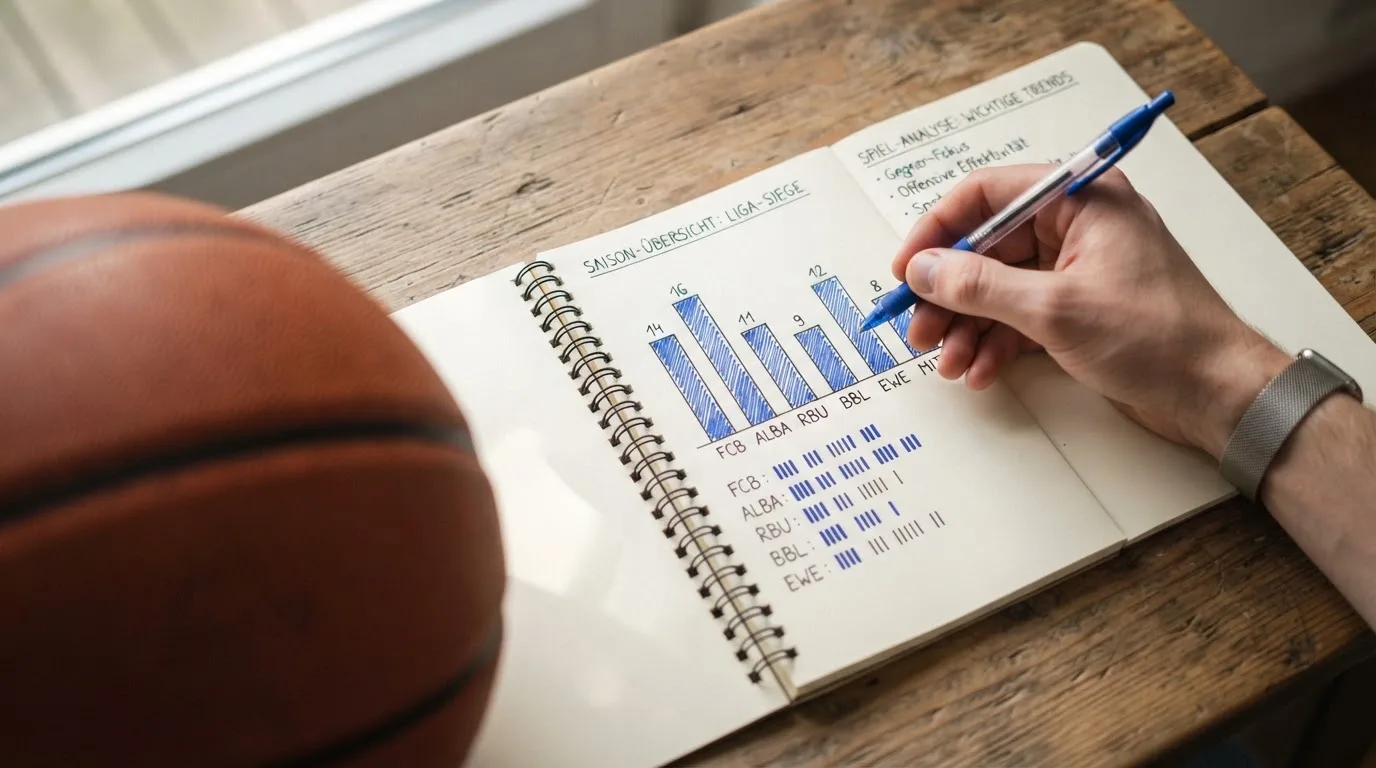 Ein Taschenrechner und ein aufgeschlagenes Heft mit handgezeichneten Diagrammen liegen auf einem Tisch neben einem Basketball.